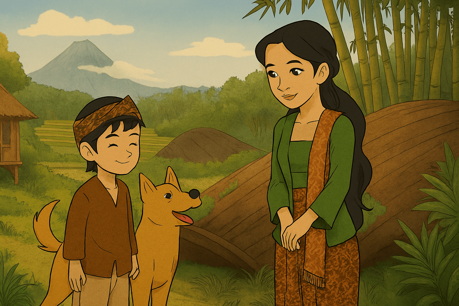 Ilustrasi Kisah Asal Usul Gunung Tangkuban Perahu (Sumber: Copilot AI)